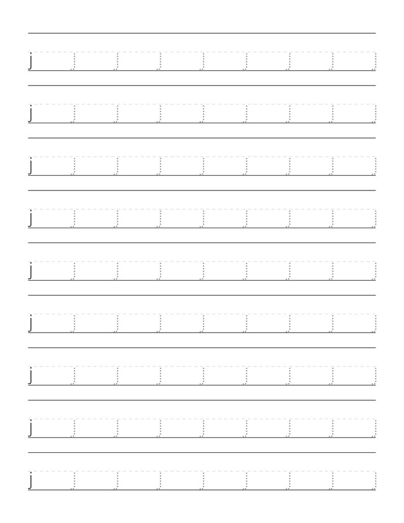 May include: A white educational worksheet featuring nine horizontal rows of black lines. Each row contains a series of dashed, light grey lowercase letter j characters designed for handwriting practice, arranged in a repeating pattern across the page.