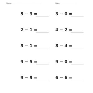 May include: A white educational worksheet titled Subtraction &bull; Single Digit with a gray header. It features ten math problems arranged in two columns with blank lines for Name and Date at the top and Page 1 of 100 at the bottom.