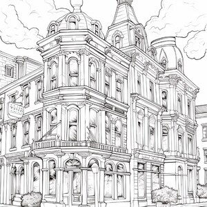 May include: A black and white line art illustration of a multi-story corner building with ornate architectural details, arched windows, a prominent tower, and a domed roof. The drawing features a street-level storefront, decorative columns, and fluffy clouds in the sky above the structure.