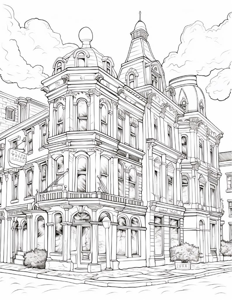 May include: A black and white line art illustration of a multi-story corner building with ornate architectural details, arched windows, a prominent tower, and a domed roof. The drawing features a street-level storefront, decorative columns, and fluffy clouds in the sky above the structure.