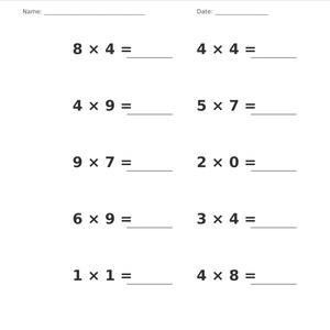 May include: A white educational worksheet titled Multiplication &bull; Single Digit with a grey header. It features ten single-digit multiplication problems with blank lines for answers, plus fields for Name and Date. The footer reads Multiplication &bull; Single Digit Practice and Page 19 of 100.