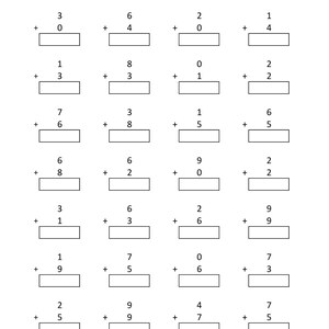 May include: A black and white educational worksheet titled Math - Addition Single Digit, featuring a grid of twenty-four vertical addition problems with single-digit numbers and empty rectangular boxes for writing the answers.