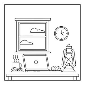 A line drawing of a desk with a laptop, a steaming mug, cookies, a clock, and a lantern, with a window behind.