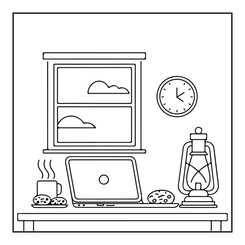 A line drawing of a desk with a laptop, a steaming mug, cookies, a clock, and a lantern, with a window behind.