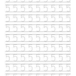 May include: A white educational worksheet featuring nine horizontal rows of the number five. Each number is presented in a grey dotted line format, designed for tracing practice, arranged in a grid pattern across the entire page.