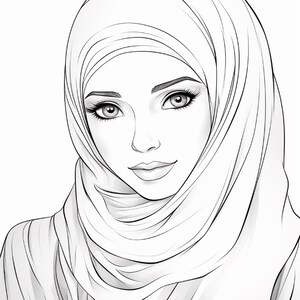 K&ouml;nnte beinhalten: Eine schwarz-wei&szlig;e Strichzeichnung eines Gesichts mit Hijab. Die Zeichnung zeigt detaillierte Augen, lange Wimpern, definierte Augenbrauen und eine Nase, wobei der Stoff der Kopfbedeckung in weichen, flie&szlig;enden Falten um Kopf und Hals drapiert ist.