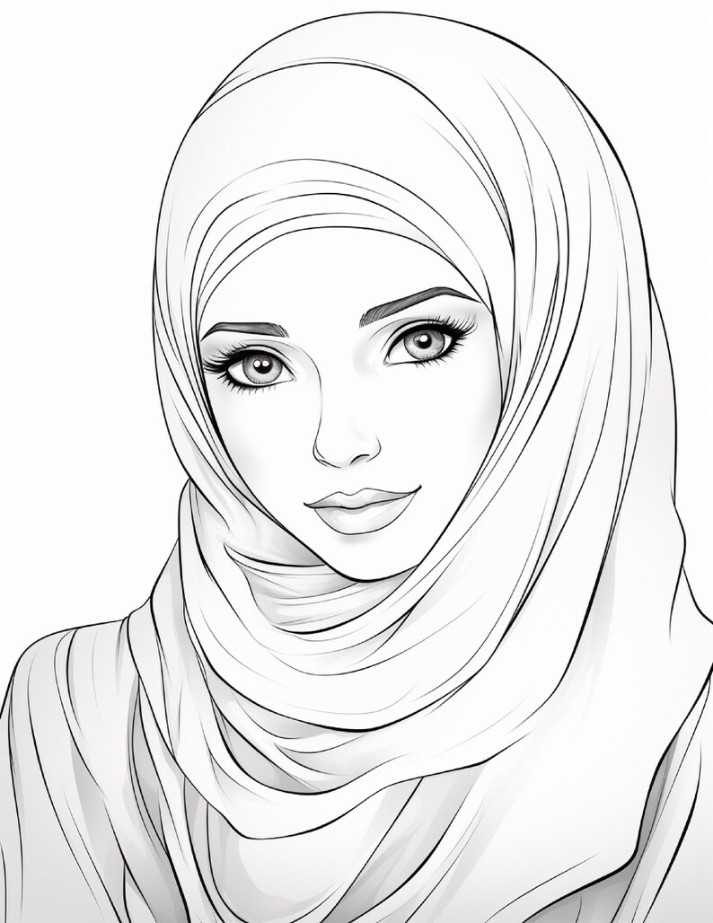 K&ouml;nnte beinhalten: Eine schwarz-wei&szlig;e Strichzeichnung eines Gesichts mit Hijab. Die Zeichnung zeigt detaillierte Augen, lange Wimpern, definierte Augenbrauen und eine Nase, wobei der Stoff der Kopfbedeckung in weichen, flie&szlig;enden Falten um Kopf und Hals drapiert ist.