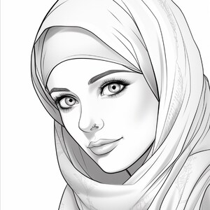 Pu&ograve; includere: Un'illustrazione in bianco e nero a tratto di una persona che indossa un hijab. Il ritratto presenta tratti del viso dettagliati, tra cui grandi occhi con ciglia lunghe, sopracciglia definite e un piccolo piercing al naso.
