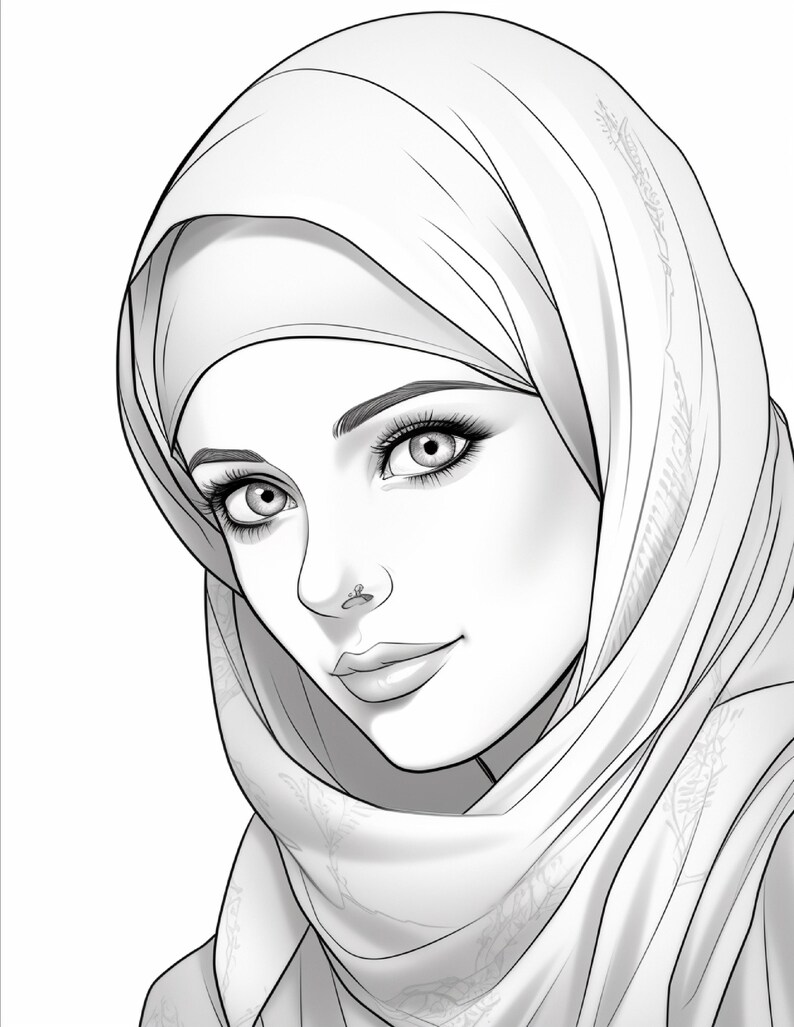 Pu&ograve; includere: Un'illustrazione in bianco e nero a tratto di una persona che indossa un hijab. Il ritratto presenta tratti del viso dettagliati, tra cui grandi occhi con ciglia lunghe, sopracciglia definite e un piccolo piercing al naso.