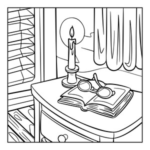 May include: A black and white line art illustration showing an open book with a pair of round glasses resting on its pages. Next to the book is a lit candle in a holder, all positioned on a bedside table with a drawer, near a window with blinds.