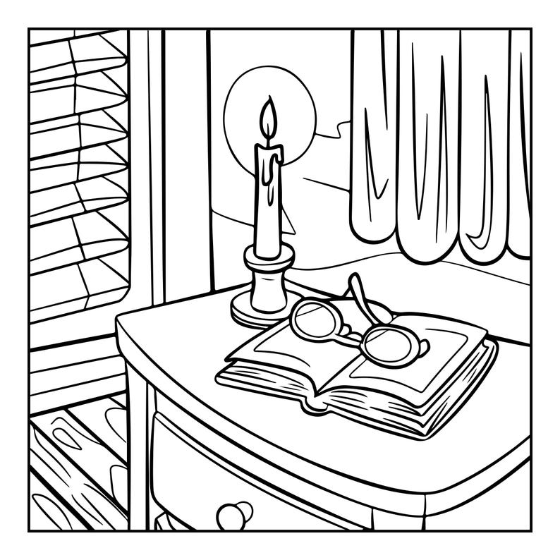 May include: A black and white line art illustration showing an open book with a pair of round glasses resting on its pages. Next to the book is a lit candle in a holder, all positioned on a bedside table with a drawer, near a window with blinds.