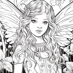 May include: A black and white line art illustration of a fairy with long wavy hair, large detailed wings, and a patterned garment. The figure is positioned in front of a forest background featuring trees and leaves, rendered in a coloring book style.