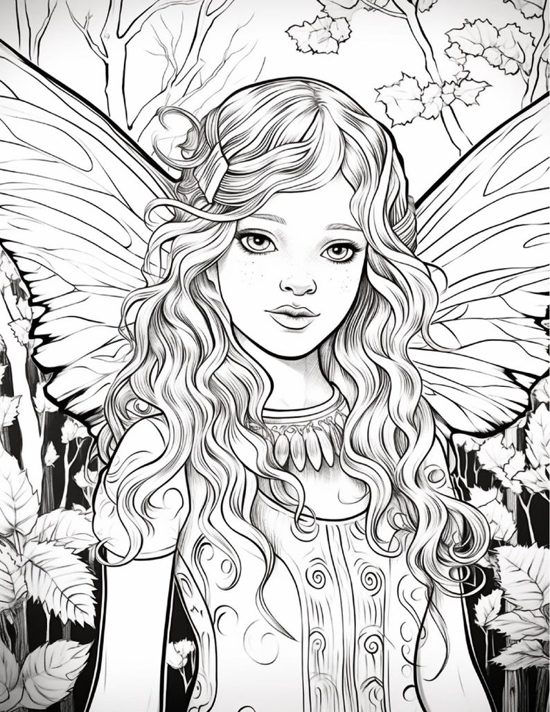 May include: A black and white line art illustration of a fairy with long wavy hair, large detailed wings, and a patterned garment. The figure is positioned in front of a forest background featuring trees and leaves, rendered in a coloring book style.