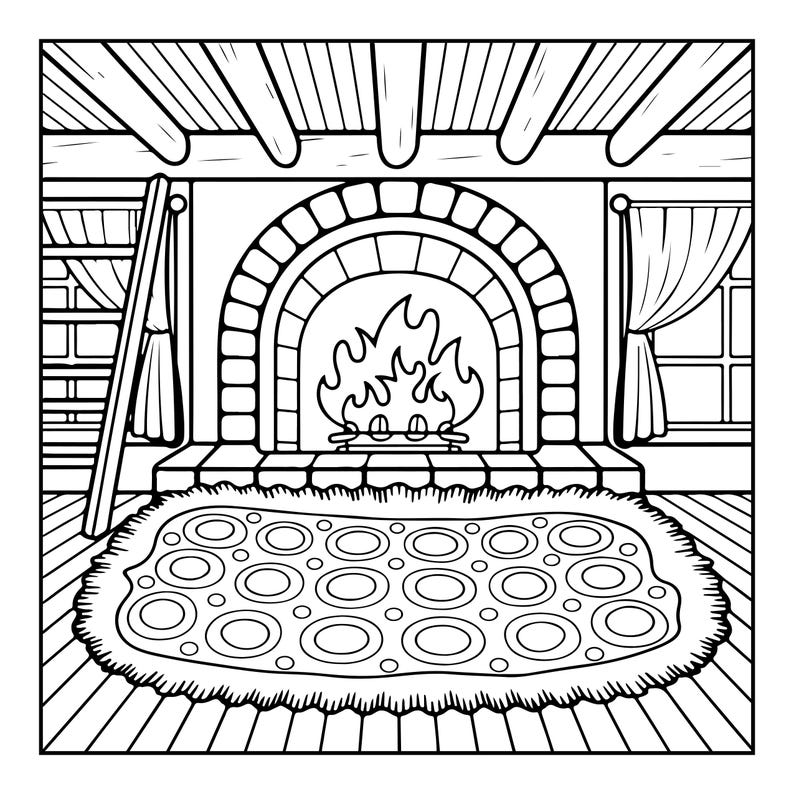Puede incluir: Una ilustraci&oacute;n de arte lineal en blanco y negro de un interior con una chimenea de piedra arqueada con fuego, una escalera apoyada contra la pared, ventanas con cortinas y una alfombra ovalada grande con un patr&oacute;n circular repetitivo.