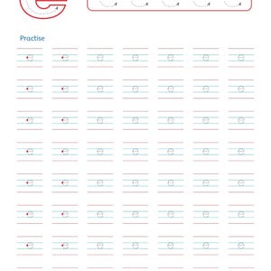 以下が含まれることがあります： 小文字の「e」の筆記練習用ワークシート。赤色で書かれた大きな「e」には書き順を示す番号が振られ、その横には点線の「e」が5つ並んでいます。下部には、点線の「e」を練習するための線が10段配置されています。