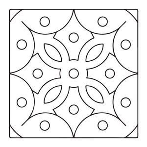 May include: A square tile featuring a black and white geometric pattern. The design consists of a central circle surrounded by four petal-like shapes, with additional circles placed within the corners and along the edges of the square frame.