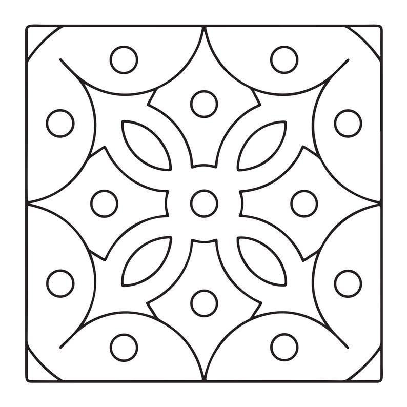 May include: A square tile featuring a black and white geometric pattern. The design consists of a central circle surrounded by four petal-like shapes, with additional circles placed within the corners and along the edges of the square frame.