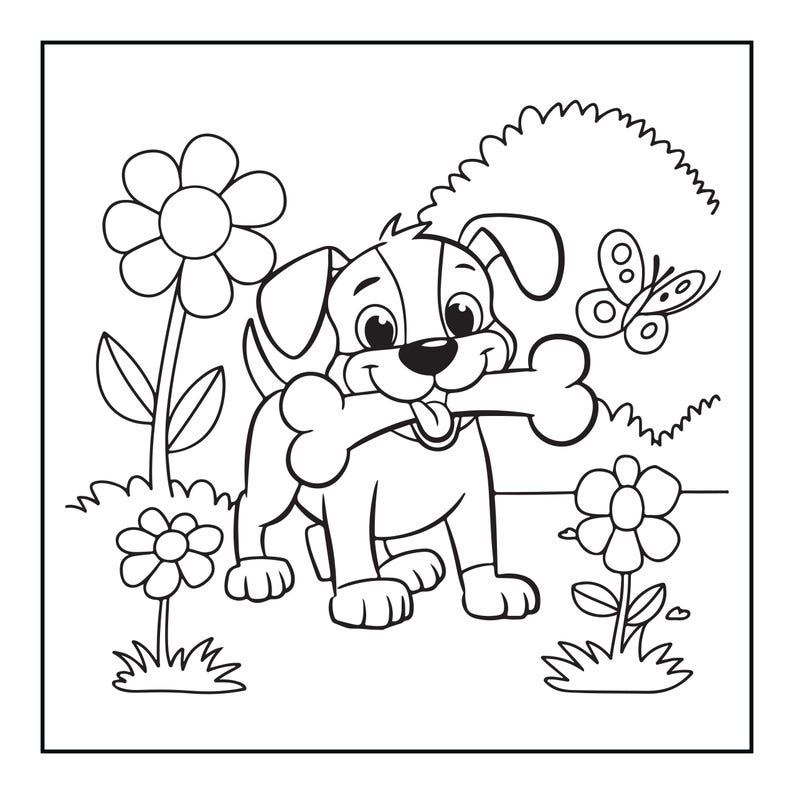 以下が含まれることがあります： 口に大きな骨をくわえた子犬のキャラクターが描かれた、白黒の塗り絵ページです。左側には背の高い花、右側には小さな花、空には蝶が舞い、背景には丸い茂みが描かれています。