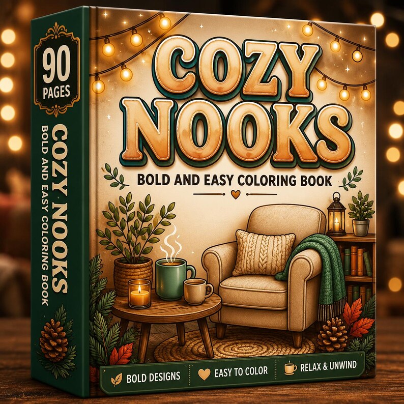 Kolorowanka „Cozy Nooks Bold Easy” | 90 stron, plik PDF do druku (pobranie cyfrowe) zdjęcie 1