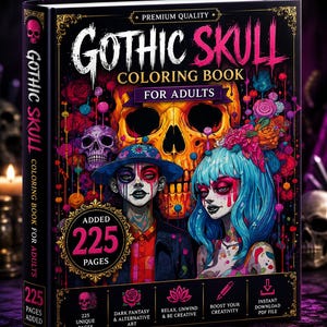 Op de afbeelding: Een kleurboek met harde kaft getiteld Gothic Skull Coloring Book for Adults met een grote gele schedel, twee ge&iuml;llustreerde figuren en bloemaccenten. De kaft bevat tekst zoals Added 225 Pages en 225 Unique Pages.