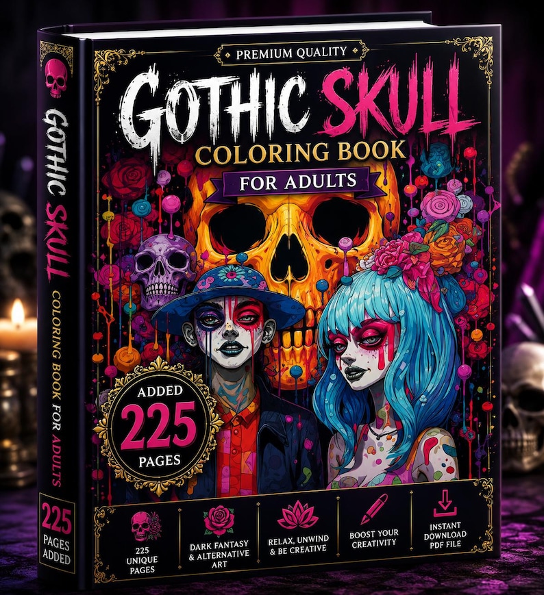 Op de afbeelding: Een kleurboek met harde kaft getiteld Gothic Skull Coloring Book for Adults met een grote gele schedel, twee ge&iuml;llustreerde figuren en bloemaccenten. De kaft bevat tekst zoals Added 225 Pages en 225 Unique Pages.