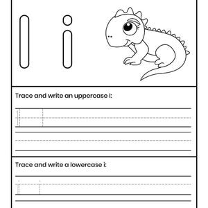 Pu&ograve; includere: Una scheda didattica in bianco e nero con il testo Color the letter Ii and an Iguana, un'illustrazione di un'iguana, la lettera maiuscola I, la lettera minuscola i e righe per tracciare e scrivere la I maiuscola e la i minuscola.