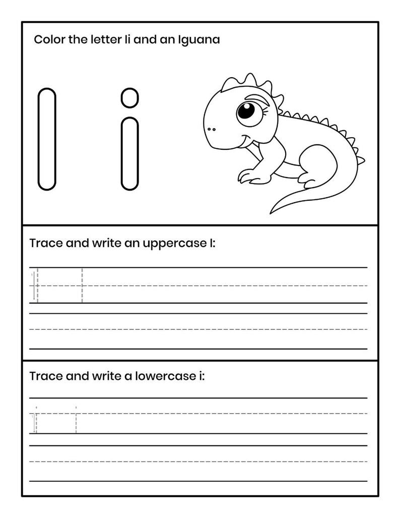 Pu&ograve; includere: Una scheda didattica in bianco e nero con il testo Color the letter Ii and an Iguana, un'illustrazione di un'iguana, la lettera maiuscola I, la lettera minuscola i e righe per tracciare e scrivere la I maiuscola e la i minuscola.