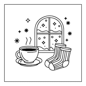 May include: A black and white line art illustration featuring a steaming cup of coffee on a saucer, a pair of striped socks, and an arched window with snow on the sill. The scene is decorated with various star and snowflake shapes in the background.