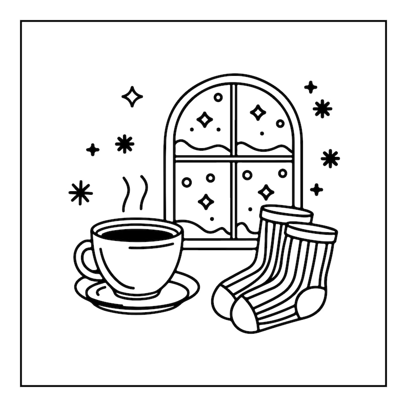May include: A black and white line art illustration featuring a steaming cup of coffee on a saucer, a pair of striped socks, and an arched window with snow on the sill. The scene is decorated with various star and snowflake shapes in the background.