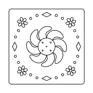 May include: A square black and white line art illustration featuring a central circular fan-like motif with six curved blades. The design is framed by a border of four small flowers, four diamond shapes, and several small circles.