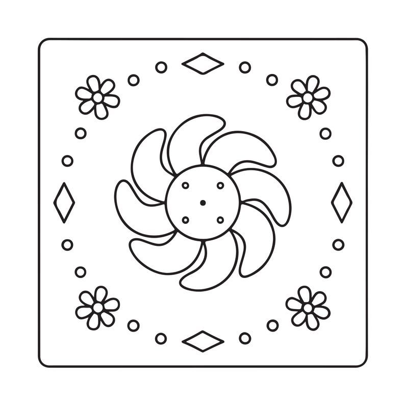 May include: A square black and white line art illustration featuring a central circular fan-like motif with six curved blades. The design is framed by a border of four small flowers, four diamond shapes, and several small circles.