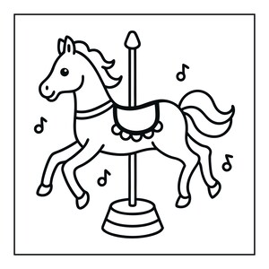 Peut inclure: Une illustration en noir et blanc au trait repr&eacute;sentant un cheval de carrousel fix&eacute; &agrave; un poteau central avec une base. Le cheval est dot&eacute; d'une selle, d'une crini&egrave;re et d'une queue fluides. Des notes de musique entourent le cheval.