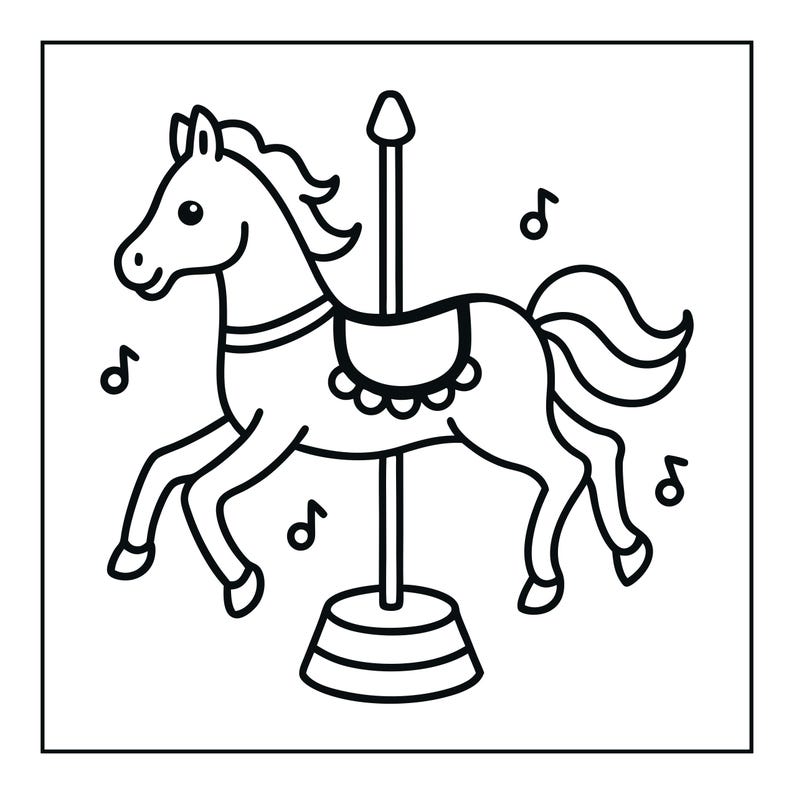 Peut inclure: Une illustration en noir et blanc au trait repr&eacute;sentant un cheval de carrousel fix&eacute; &agrave; un poteau central avec une base. Le cheval est dot&eacute; d'une selle, d'une crini&egrave;re et d'une queue fluides. Des notes de musique entourent le cheval.