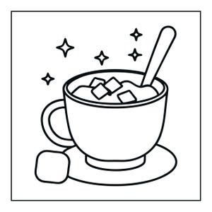 Peut inclure: Une illustration en noir et blanc au trait repr&eacute;sentant une tasse remplie d'une boisson contenant plusieurs cubes et une cuill&egrave;re. La tasse repose sur une soucoupe &agrave; c&ocirc;t&eacute; d'un cube, avec quatre petites &eacute;toiles &agrave; quatre branches au-dessus.