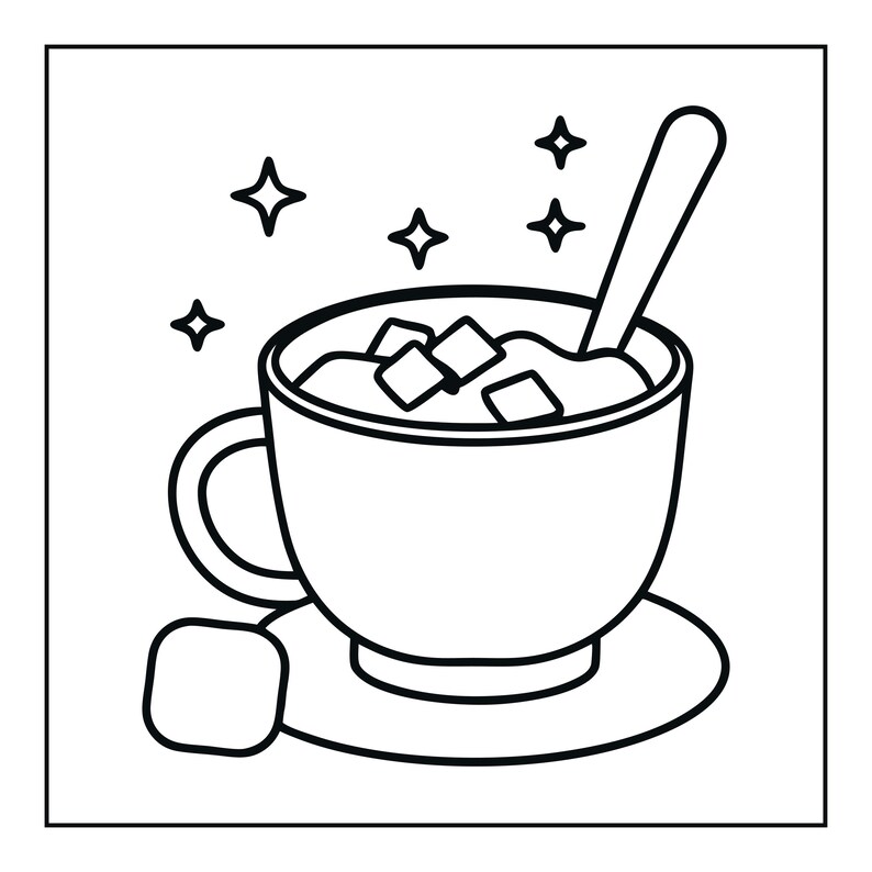 Peut inclure: Une illustration en noir et blanc au trait repr&eacute;sentant une tasse remplie d'une boisson contenant plusieurs cubes et une cuill&egrave;re. La tasse repose sur une soucoupe &agrave; c&ocirc;t&eacute; d'un cube, avec quatre petites &eacute;toiles &agrave; quatre branches au-dessus.
