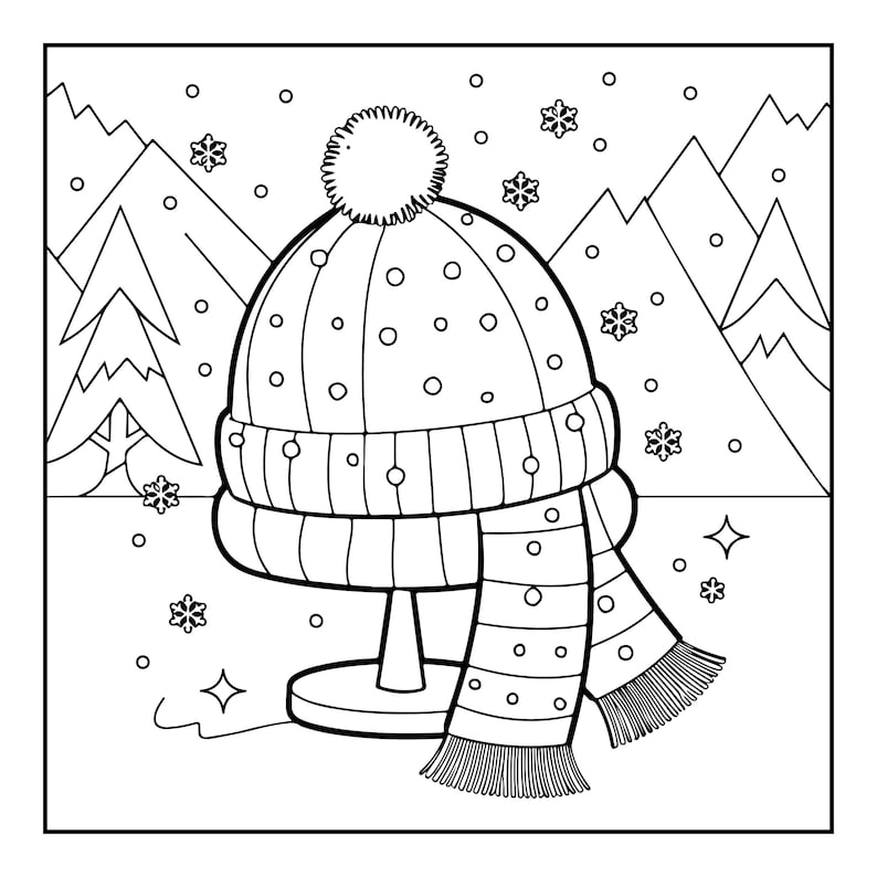 May include: A black and white line art illustration of a winter beanie with a pom-pom and a matching scarf with fringe, displayed on a stand. The background features a snowy mountain landscape with pine trees and falling snowflakes.
