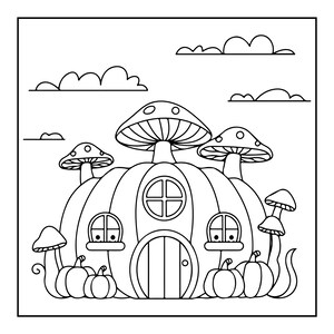 Peut inclure: Une illustration en noir et blanc pour coloriage repr&eacute;sentant une maison en forme de grosse citrouille avec un toit en champignon. La sc&egrave;ne comprend des champignons plus petits, des citrouilles au sol et des nuages simples dans le ciel.