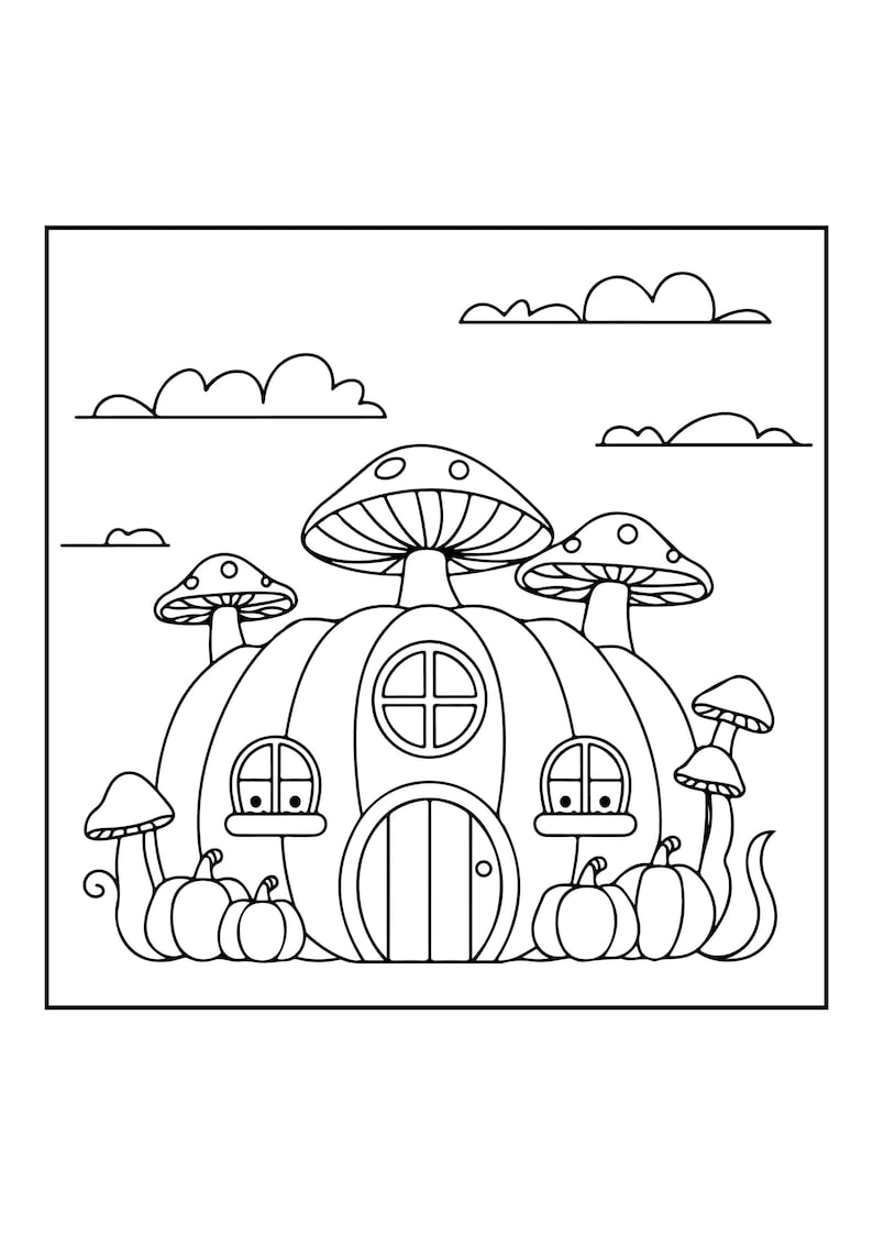 Peut inclure: Une illustration en noir et blanc pour coloriage repr&eacute;sentant une maison en forme de grosse citrouille avec un toit en champignon. La sc&egrave;ne comprend des champignons plus petits, des citrouilles au sol et des nuages simples dans le ciel.
