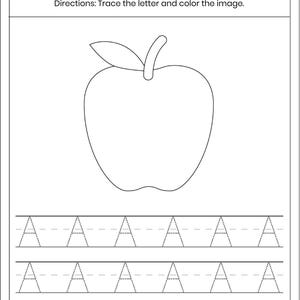 May include: A black and white educational worksheet titled Letter Tracing with a line for a name, instructions to trace the letter and color the image, a large outline of an apple, and three rows of the uppercase letter A in a dashed font.