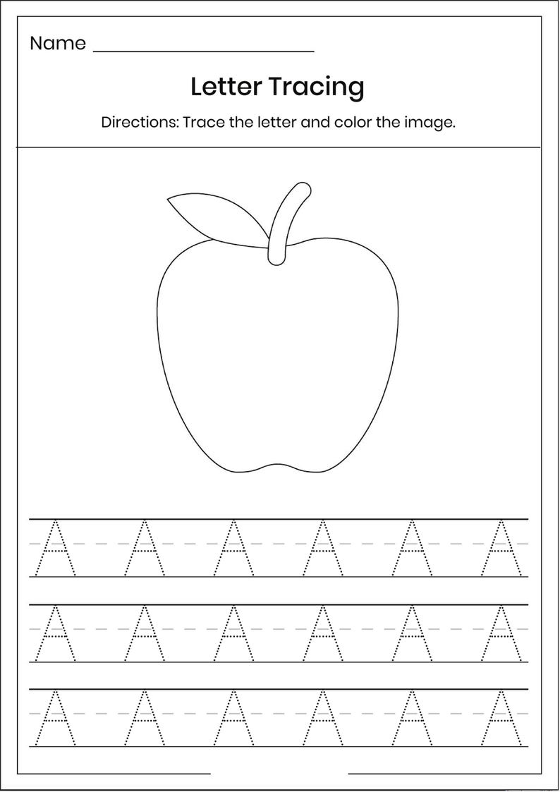 May include: A black and white educational worksheet titled Letter Tracing with a line for a name, instructions to trace the letter and color the image, a large outline of an apple, and three rows of the uppercase letter A in a dashed font.