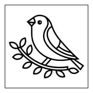 May include: A black and white line art illustration of a bird perched on a leafy branch. The bird is depicted in profile facing left with a simple eye and beak, while the branch features several oval-shaped leaves arranged in a symmetrical pattern.