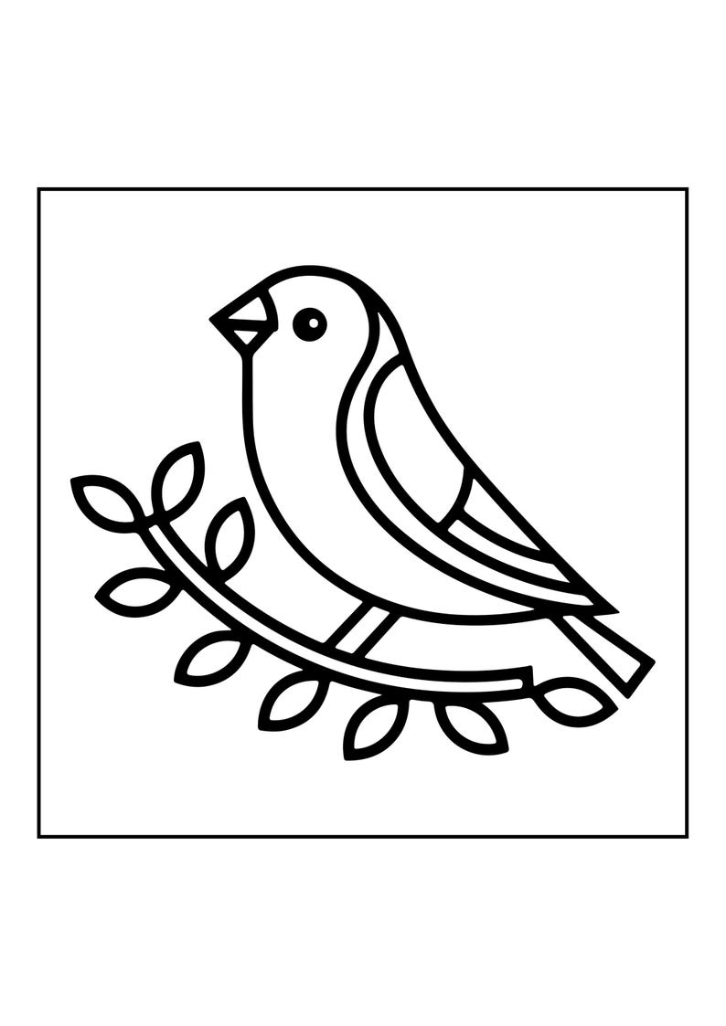 May include: A black and white line art illustration of a bird perched on a leafy branch. The bird is depicted in profile facing left with a simple eye and beak, while the branch features several oval-shaped leaves arranged in a symmetrical pattern.