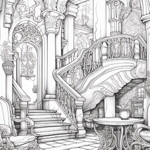 Puede incluir: Una ilustraci&oacute;n de arte lineal en blanco y negro de un espacio interior ornamentado que presenta una gran escalera con barandillas detalladas, columnas altas, puertas arqueadas, una mesa redonda con una planta en maceta y sillas decorativas sobre un suelo de piedra.