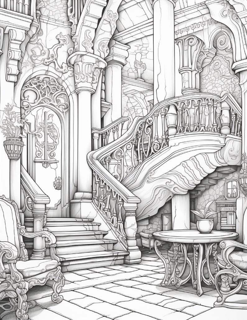 Puede incluir: Una ilustraci&oacute;n de arte lineal en blanco y negro de un espacio interior ornamentado que presenta una gran escalera con barandillas detalladas, columnas altas, puertas arqueadas, una mesa redonda con una planta en maceta y sillas decorativas sobre un suelo de piedra.