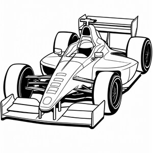 Black and white line drawing of a racing car angled from the front right with prominent front wing elements and wide tires.