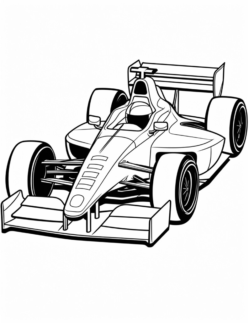 Black and white line drawing of a racing car angled from the front right with prominent front wing elements and wide tires.
