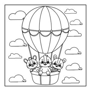 K&ouml;nnte beinhalten: Eine schwarz-wei&szlig;e Malvorlage mit einem gro&szlig;en Hei&szlig;luftballon, der am Himmel schwebt. Drei kleine Tiere im Cartoon-Stil sitzen im Korb des Ballons, umgeben von mehreren flauschigen Wolken im Hintergrund.