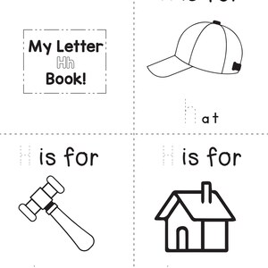 A printable coloring booklet page for the letter H featuring dotted tracing text and illustrations of a cap, hammer, and house.