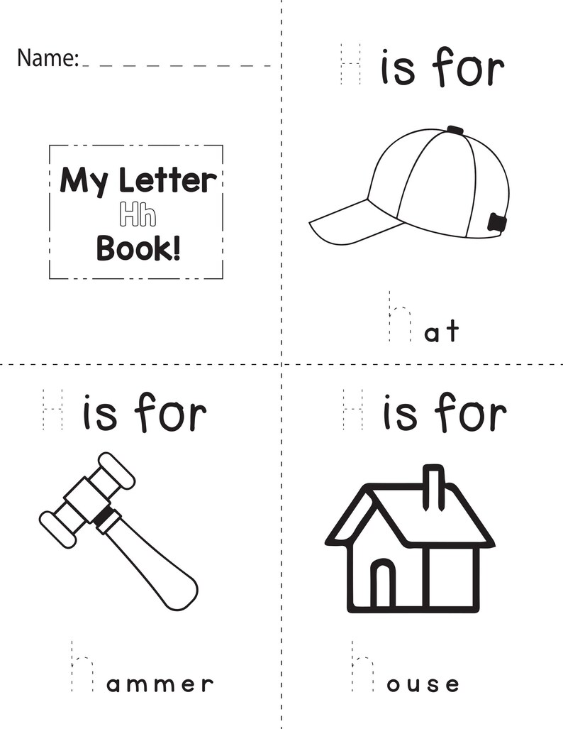 A printable coloring booklet page for the letter H featuring dotted tracing text and illustrations of a cap, hammer, and house.