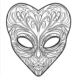 Puede incluir: Una ilustraci&oacute;n de arte lineal en blanco y negro de una cabeza alien&iacute;gena con forma de coraz&oacute;n. El dise&ntilde;o presenta patrones intrincados, fluidos y sim&eacute;tricos en todo el rostro, incluyendo grandes cuencas oculares ovaladas y una boca peque&ntilde;a.